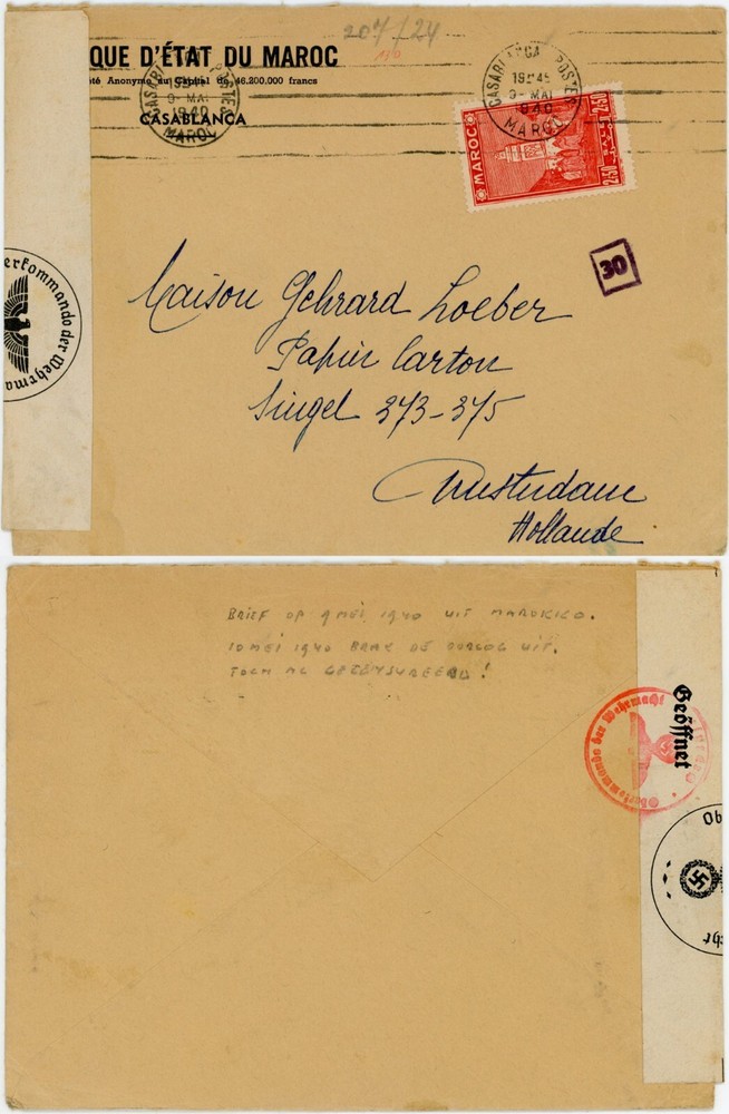 FRENCH MOROCCO 9 MAY 1940 to OCCUPIED NETHERLANDS 3rd Reich CENSORED