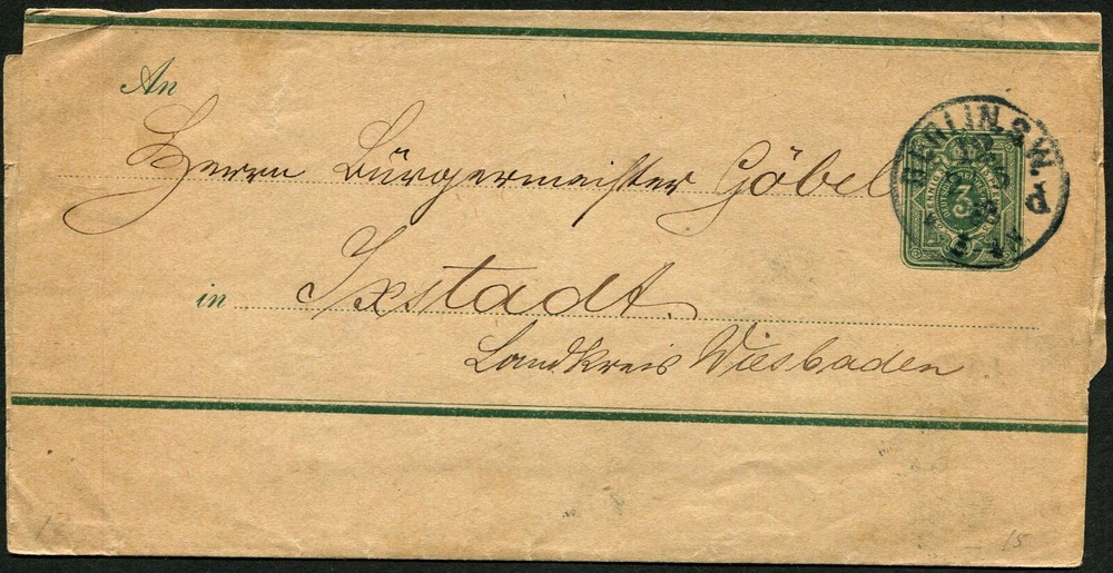 Germany Berlin 1883 Newspaper Wrapper to Wiesbaden 3pf Stationery Postage