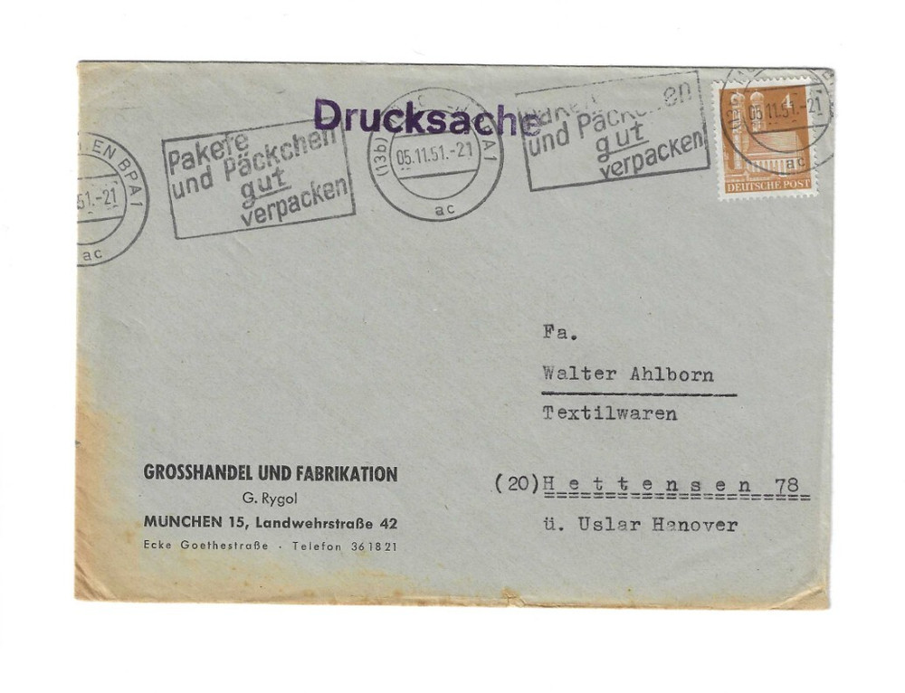 GERMANY 1951 Cover sent from Munchen to Hettensen – Slogan Cancel
