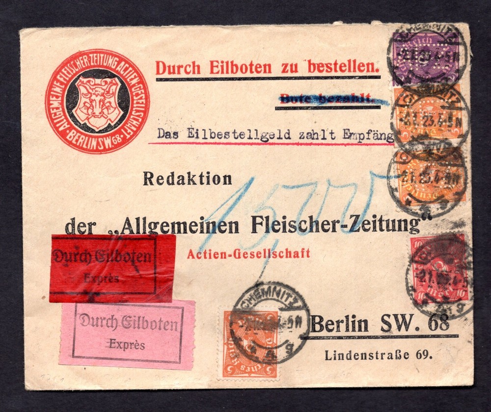 GERMANY 1923 ADVERTISING THE „GERMAN FLEISCHER NEWSPAPER COMPANY“ COVER
