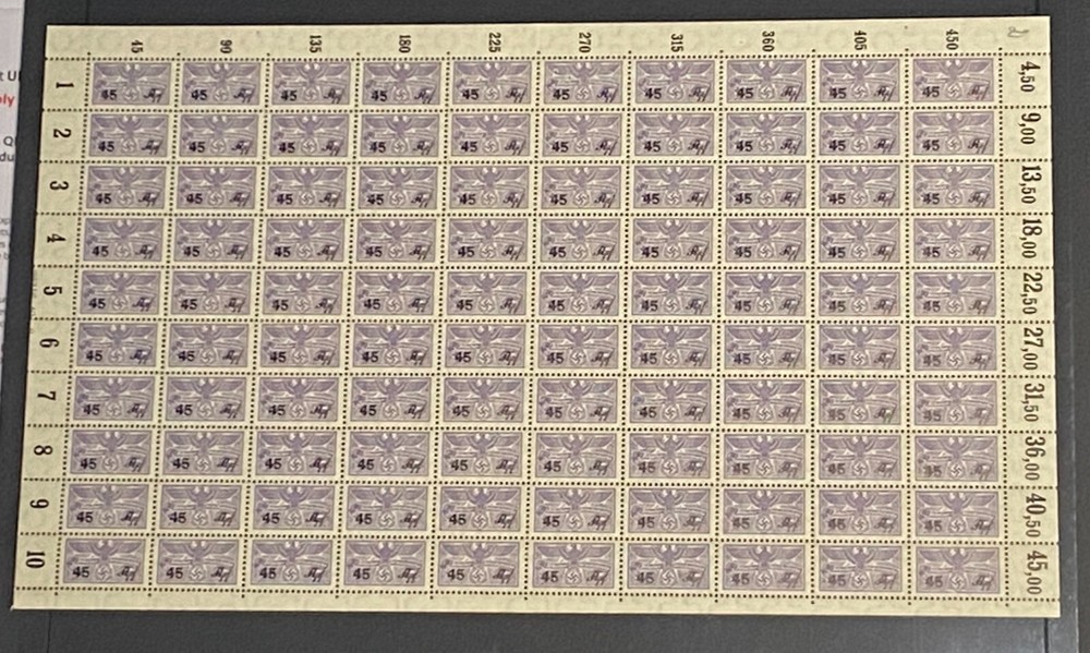 WWII German Revenue Dues Stamp Sheet MNH