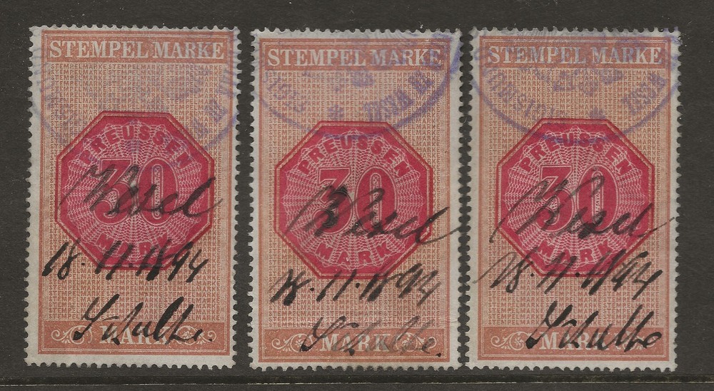 German States Preussen Stempel Marke 30 Mark – 3 x Revenue Fiscal stamps 1894