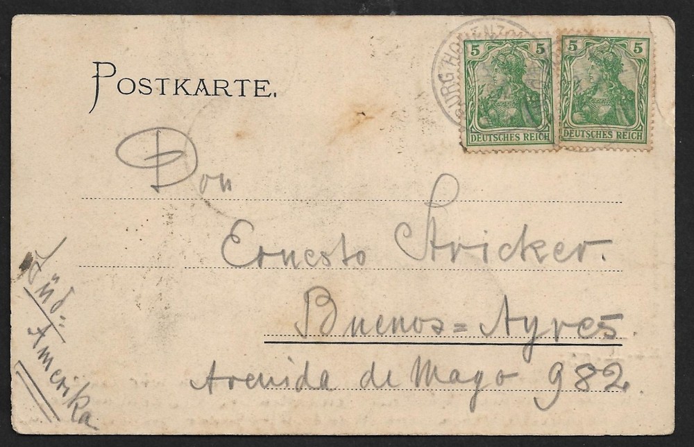 GERMNAY BURG HOHENZOLLERN TO ARGENTINA 2 x 5pf GERMANIA ON PPC COVER 1903