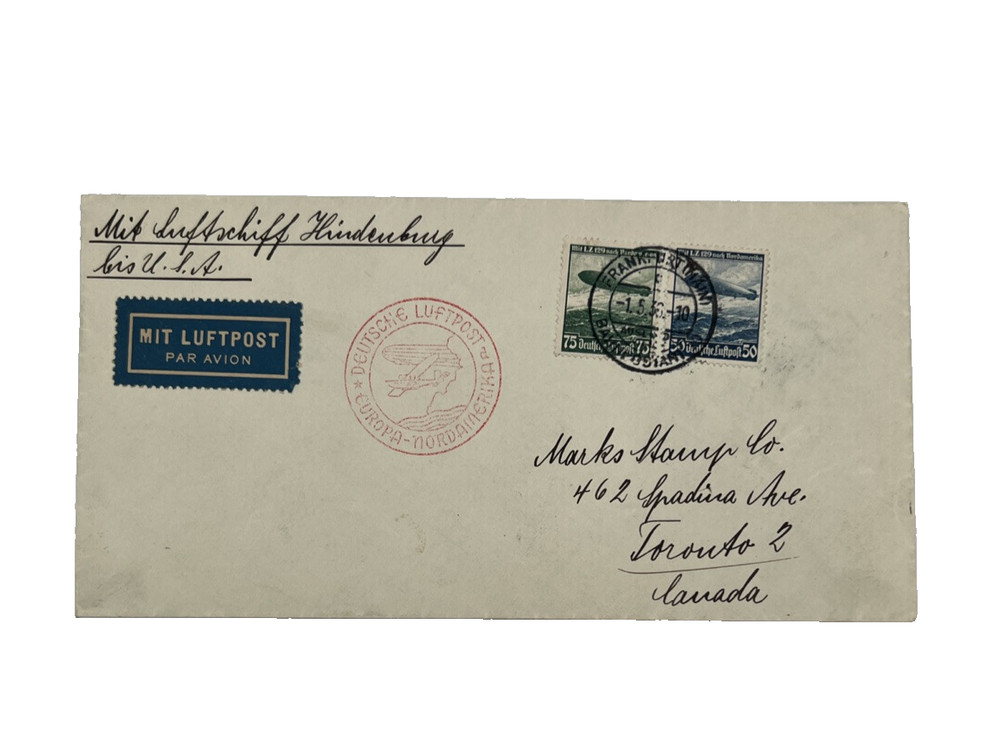 Vintage 1936 Zeppelin Hindenburg Airmail Cover Germany to Canada