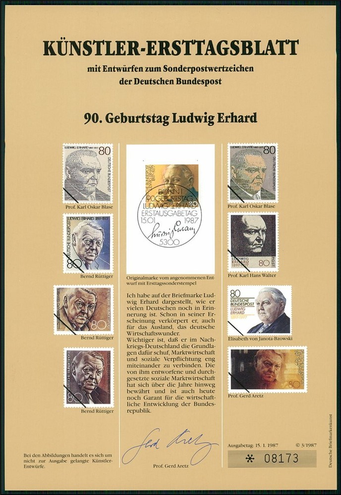 GERMANY ART-SHEET 1987/03 LUDWIG ERHARD 2. GERMAN LEADER UNISSUED DESIGNS!!
