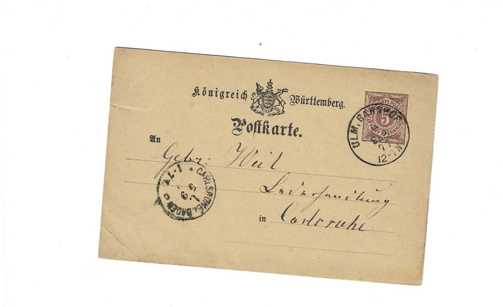 GERMANY (Wurt) 1877 Post Card sent from Ulm Bahnhof to Carlsruhe – corner crease