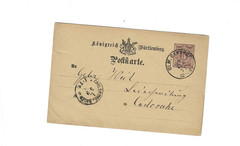 GERMANY (Wurt) 1877 Post Card sent from Ulm Bahnhof to Carlsruhe – corner crease