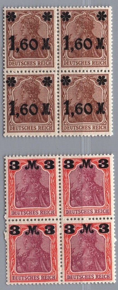 German Reich Michel No. 154 I + 155 I 4-piece blocks, mint never hinged