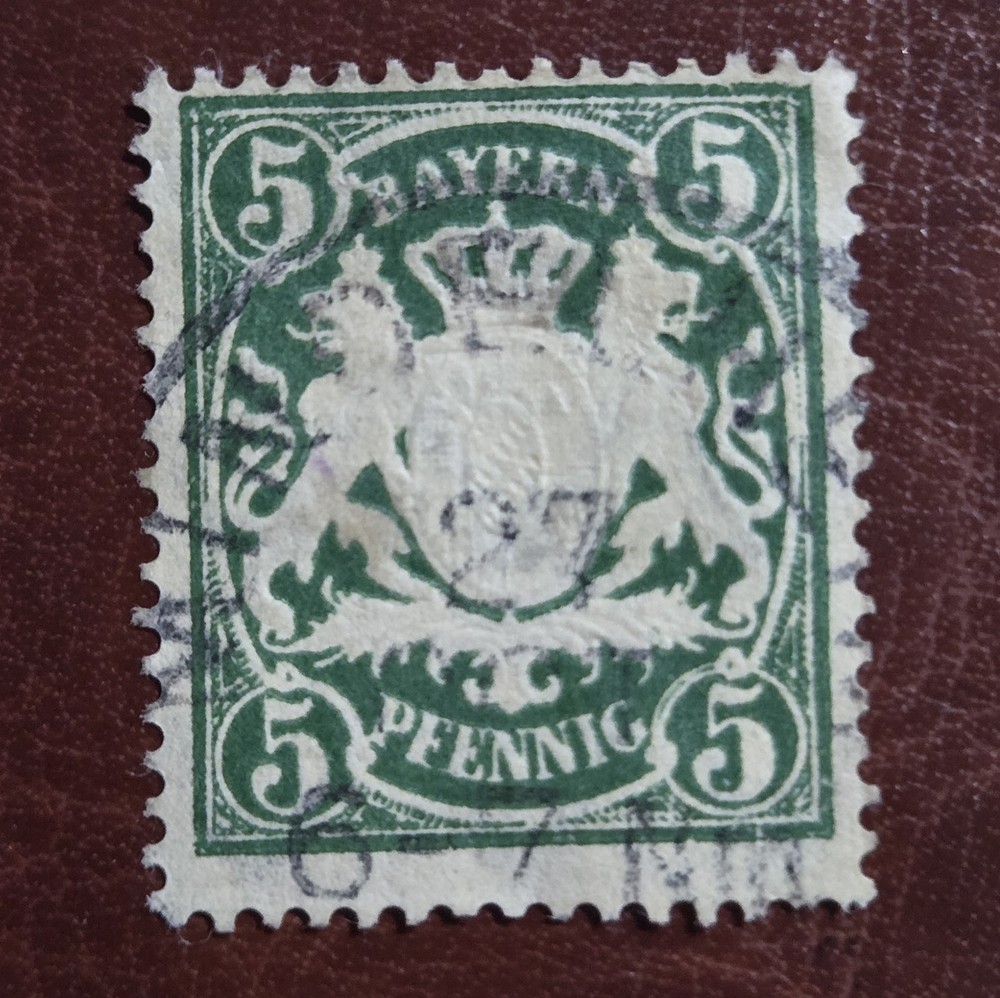 USED 1876-1888 GERMANY Bavaria 5 Pfennig Stamp Bayern Coat of Arms Green #62.