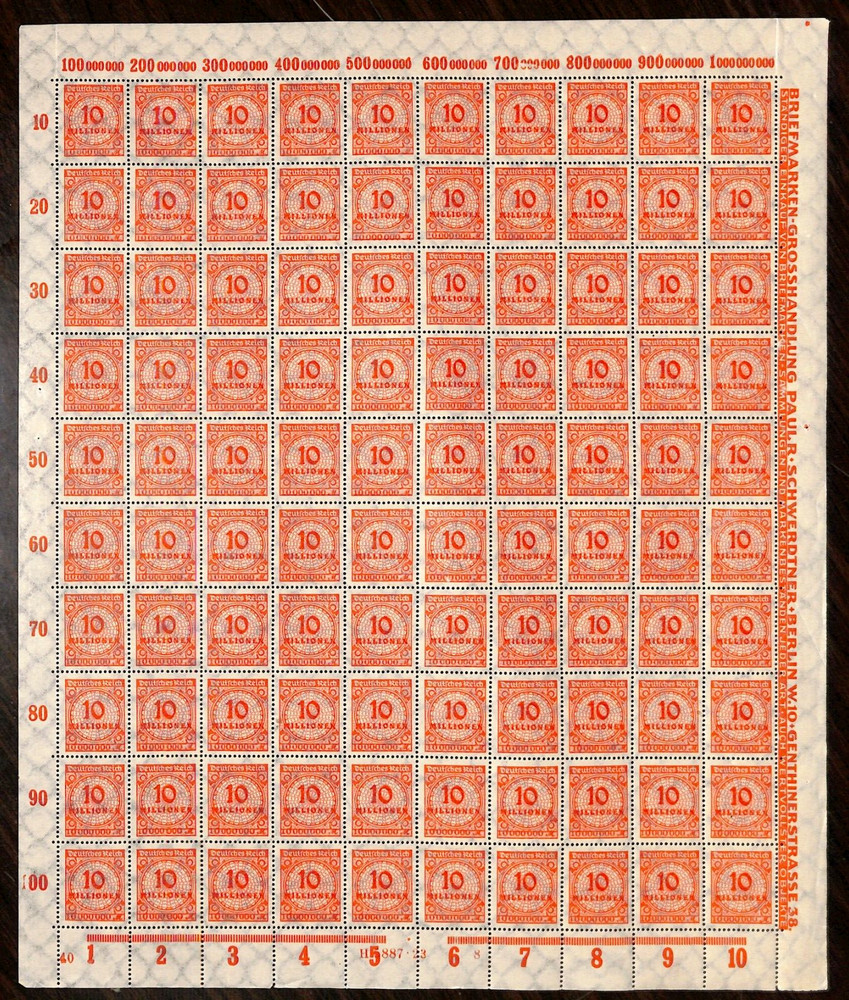 1923 WEIMAR REPUBLIC-GERMAN MILLIONEN STAMPS: 10 MILLION MARKS – FULL SHEET 100!