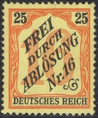 GERMANY 1905 SC. #OL21 25PF ORANGE & BLACK ON YELLOW OFFICIAL MINT NH CAT $240