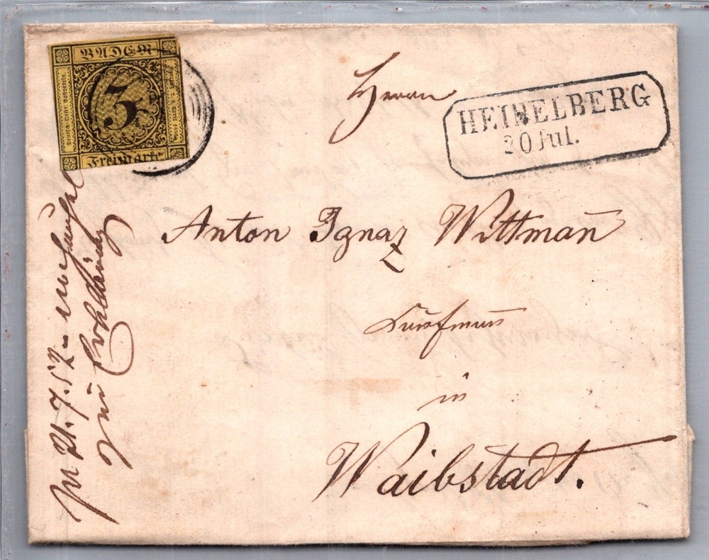 GERMANY 1852 BADEN POSTAL HISTORY LETTER ADDR WAIBSTADT & POSTMARK