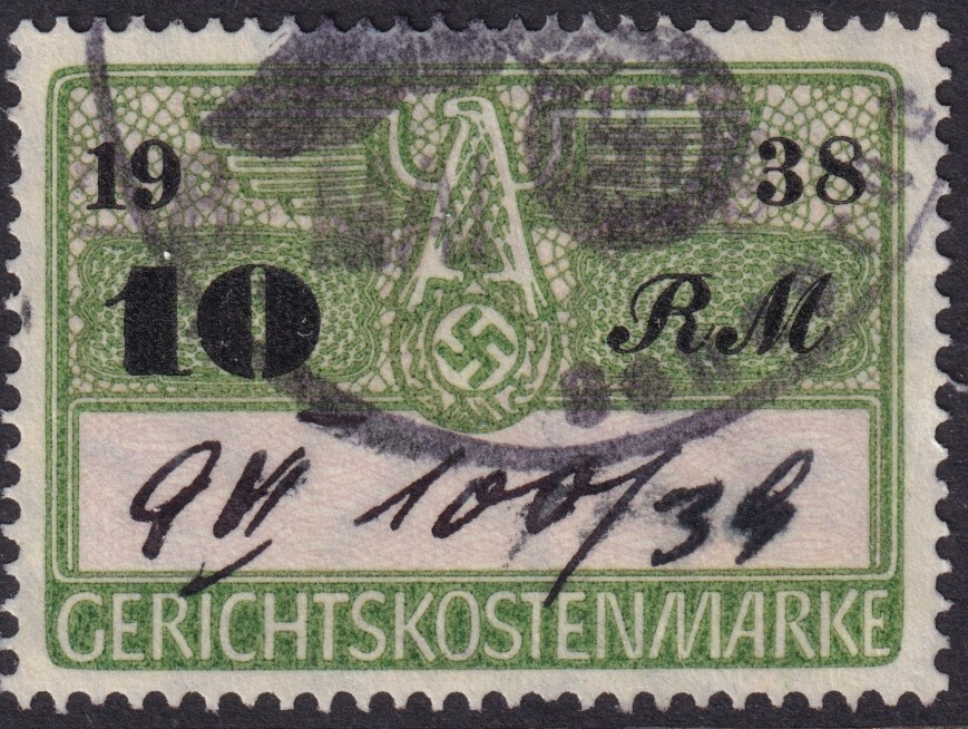 Stamp Germany Poland Revenue WWII Court Document Fee 1938 10 RM Used