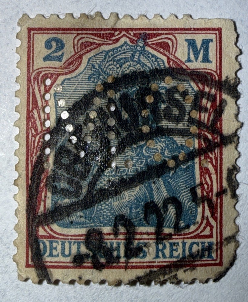 Stamp Germany Deutsches Reich Germania 2 Mark 1921 Perfin!