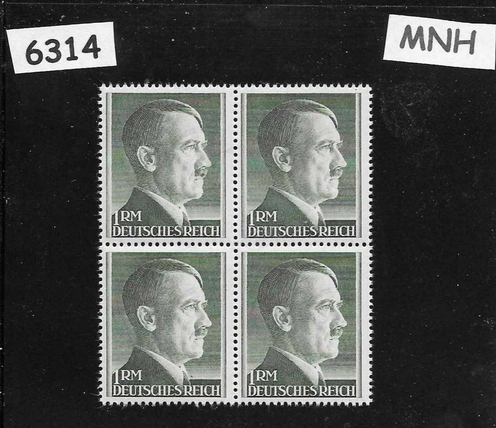 MNH Adolf Hitler Third Reich stamp block / 1RM / perf 14 / WWII Germany / Sc524