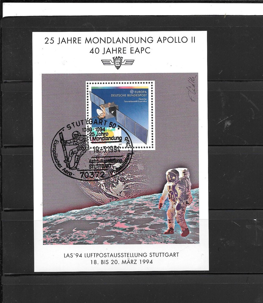 GERMANY 1991 #1643 SPACE CTO USED XF BLACK SHEET APOLLO 11 STAMP