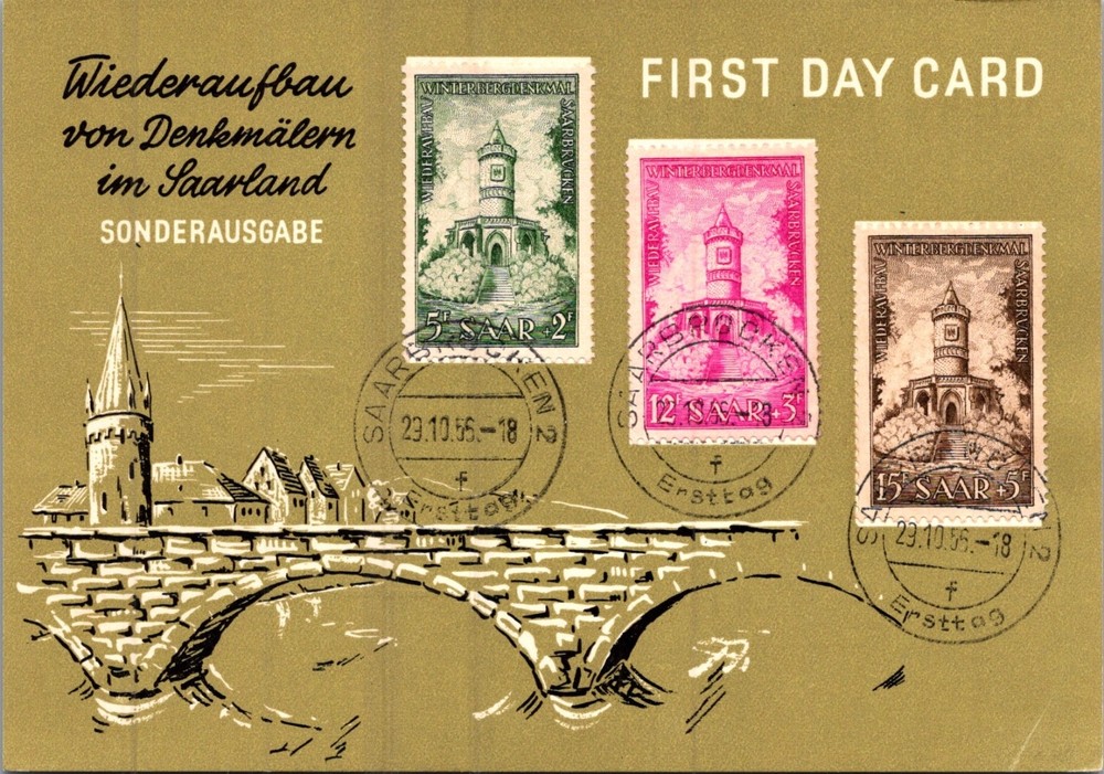 GERMANY 1956 SAAR POSTAL ILLUSTRATED FDC POSTCARD STAMPS POSTMARK SAARBRUECKEN