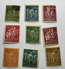 Vintage German Worker & Farmer Stamps (Weimar Era, 1920s) – Lot of 9 Unused/Used