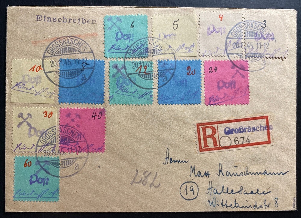 1945 GROSSRASCHEN Germany Registered Cover Post WW2 Local Stamps Issue To Halle