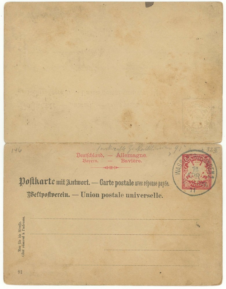 Germany Bavaria Wassertrüdingen 1911 UPU Reply Stationery Postal Card Luitpold