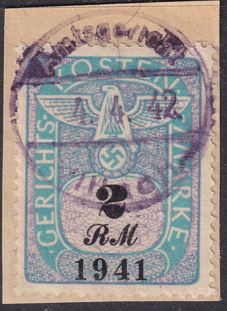 Lot Stamp Germany Poland Revenue 1941 WWII 3rd Reich Court Document Fee 2 RM U 4