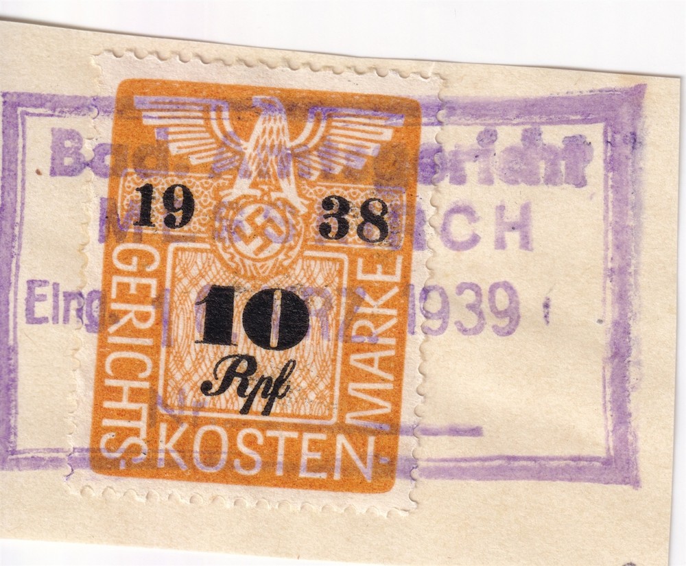 Stamp Germany Poland Revenue WWII Court Document Fee 1938 10 RPF Paper Used