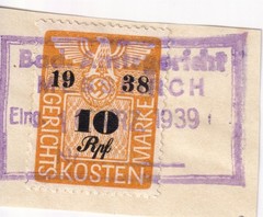 Stamp Germany Poland Revenue WWII Court Document Fee 1938 10 RPF Paper Used