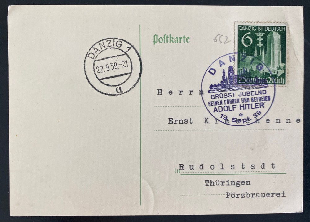 1939 Danzig Germany Postcard Cover To Thuringen Leader Jubilee