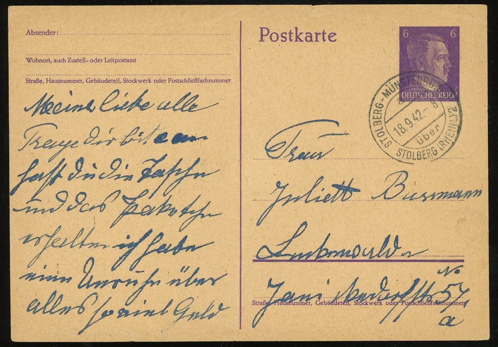 Germany Stolberg Münsterbusch 1942 Stationery Postal Card Europe WWII