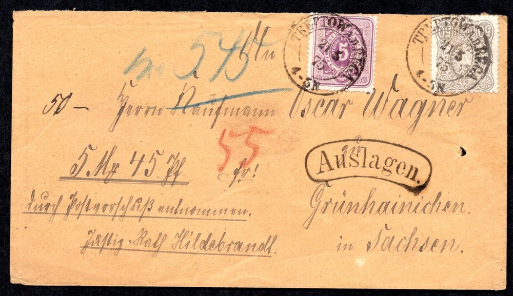 GERMANY 1875 TREPTOW TO GRUNCAINCHEN FRANKED „AUSLAGEN“ 55 RP, SC. #30, 34
