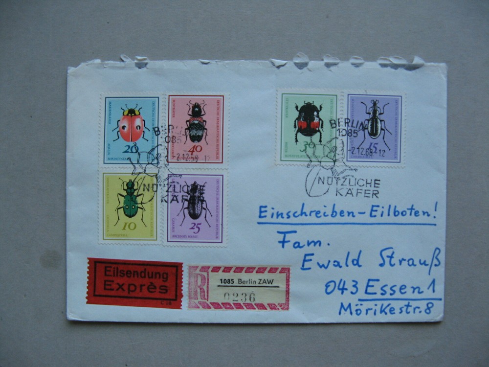 GERMANY DDR, expresse R-cover 1968, insects beetle ladybug