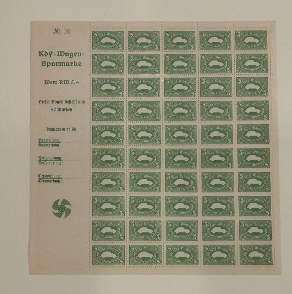WWII German Automobile KDF Volkswagen Sheet MNH Original Gum