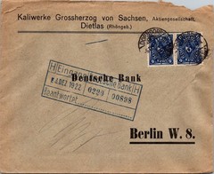 1922 GERMANY INFLATION COVER UPSIDE DOWN STAMP PAIR KALIWERKE DIETLAS BANK RATE