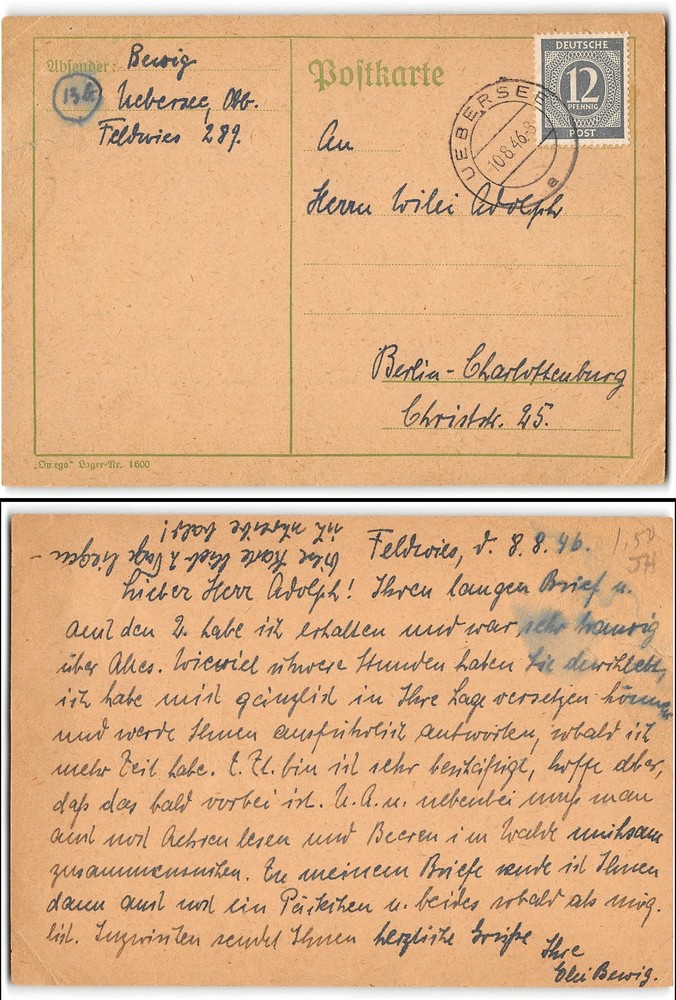Uebersee, 1946, to Berlin, postcard