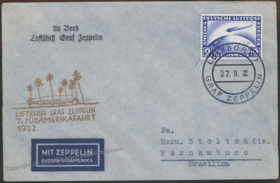 Germany 1932 Zeppelin 7th SAF Mi279 Brazil Bordpost Cover Beuerle Estate 110968