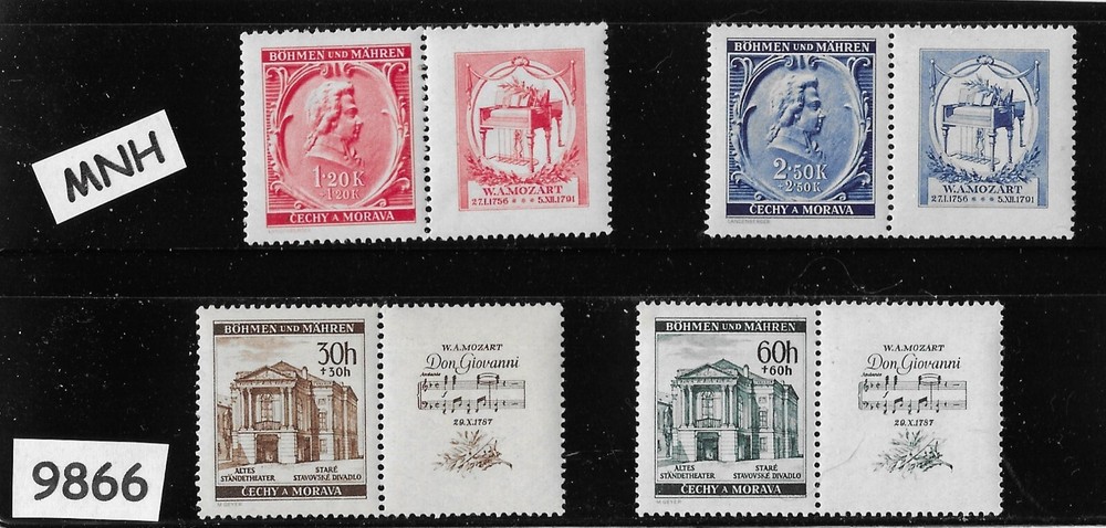#9866 MNH 1941 Stamp set Sc B5 – B8 / Wolfgang Amadeus Mozart / WWII Germany