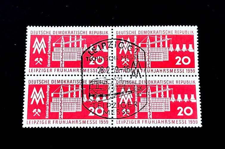 GERMANY DDR Stamp Block – 1959 Leipzig Spring Fair CTO Pictorial Cancel MNH r63
