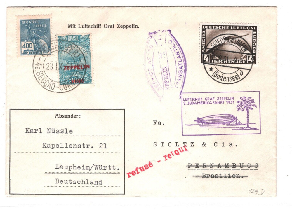 GERMANY BRAZIL 4m ZEPPELIN *MIXED FRANKING* Cover 2. SÜDAMERIKAFAHRT 1931 KZ105