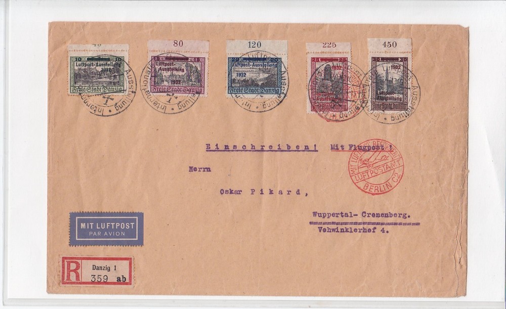 DANZIG GDANSK 1932 FISCHER 225-229 ON AIR MAIL LETTER TO GERMANY
