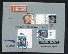 Dt. Reich mixed franking 543 sheet corner, registered letter Szczecin to Berl…