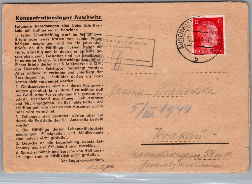 1944 Germany Concentration Camp Letterr Cover Auschwitz Monowitz to Krakau KZ
