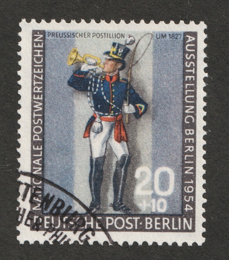 1954 Germany Berlin Sc# 9NB12 – Prussian Postilion, Stamp Expo. Used stamp Cv$24