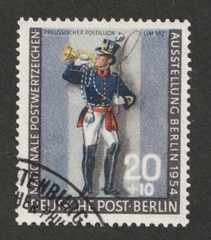 1954 Germany Berlin Sc# 9NB12 – Prussian Postilion, Stamp Expo. Used stamp Cv$24