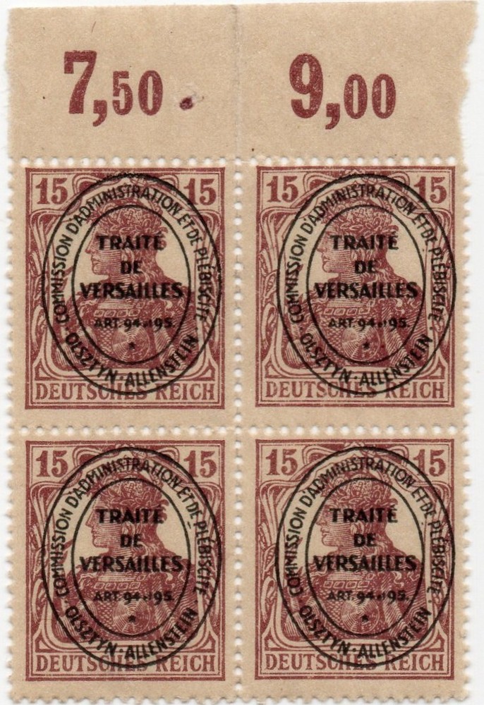 Allenstein: 1920 German Stamp Ovpt – SC# 18 – Block of 4 – MNH