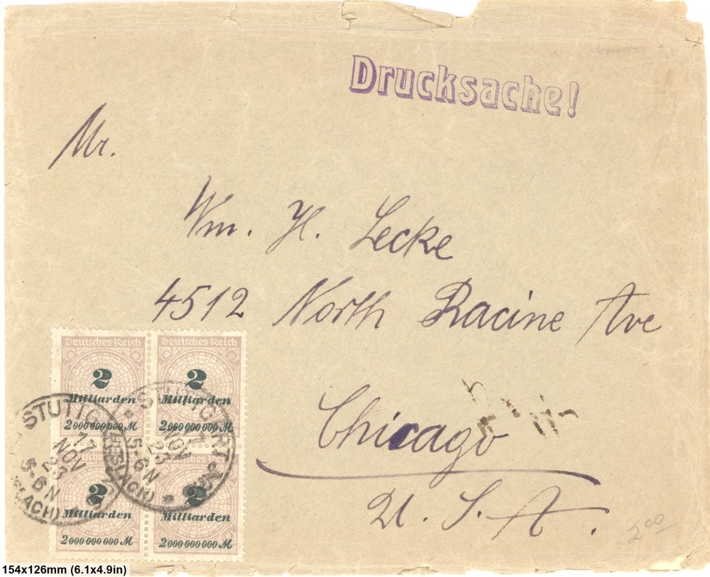 Germany 1923 Hyperinflation Cover Block Four 2 Milliarden Mark Stuttgart To USA