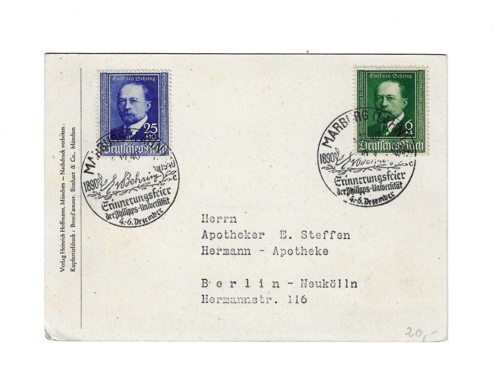 GERMANY 1940 Special Card & Cancel Emil von Behring sent to Berlin-Neukolln