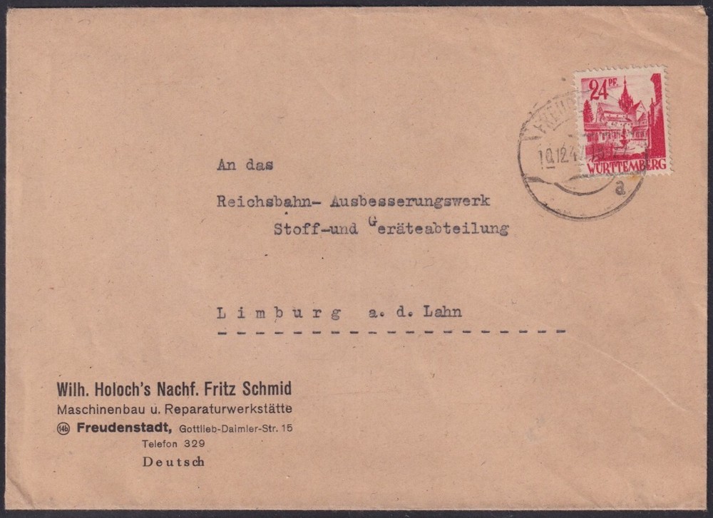 F-EX56586 GERMANY WURTTEMBERG FRANCE OCCUPATION 1948 24pf BUILDING LANDSCAPE
