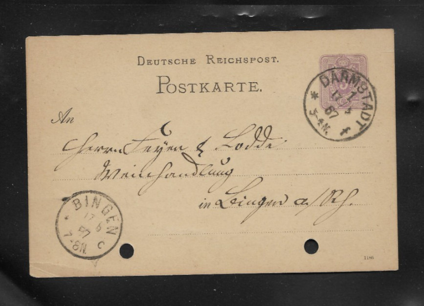 Germany German Empire Postcard Traveled 1887 from Darmstadt to Bingen