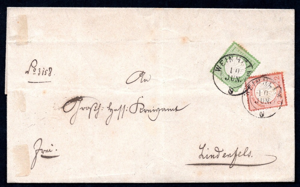 GERMANY 1872 M. # 7-8 SCOTT # 7-8 TIED „WEINHEIM“ ON FOLDED LETTER TO LINDENFELS