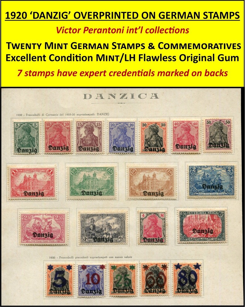 1920 DANZIG – 20 MINT GERMAN STAMPS OVERPRINTED DANZIG – EXCELLENT MINT/LH/OG/C2